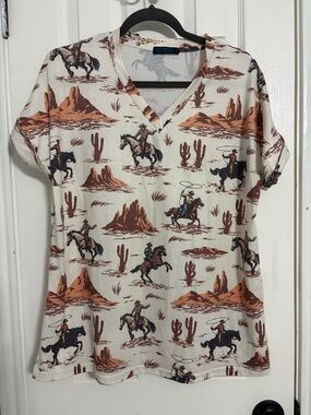 Express Western Cowboy Print V-Neck Tee in Cream and Brown